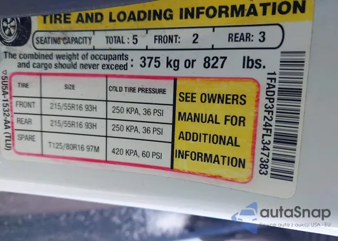 2015 Ford Focus Se z USA, uszkodzony, nr VIN 1FADP3F24FL347383